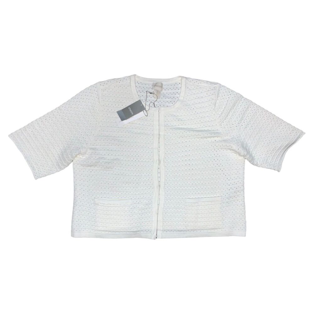 Chico’s Off White Knit Short Sleeve Cardigan, Chico’s Size 2 (US Large), NWT